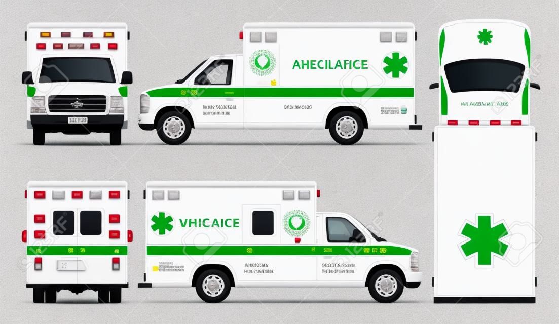 Weißes Krankenwagenauto-Vektormodell. Lokalisierte medizinische Packwagenschablone auf weißem Hintergrund. Alle Ebenen und Gruppen sind gut organisiert, um sie einfach bearbeiten und neu einfärben zu können. Blick von der Seite, von vorne, von hinten und von oben.