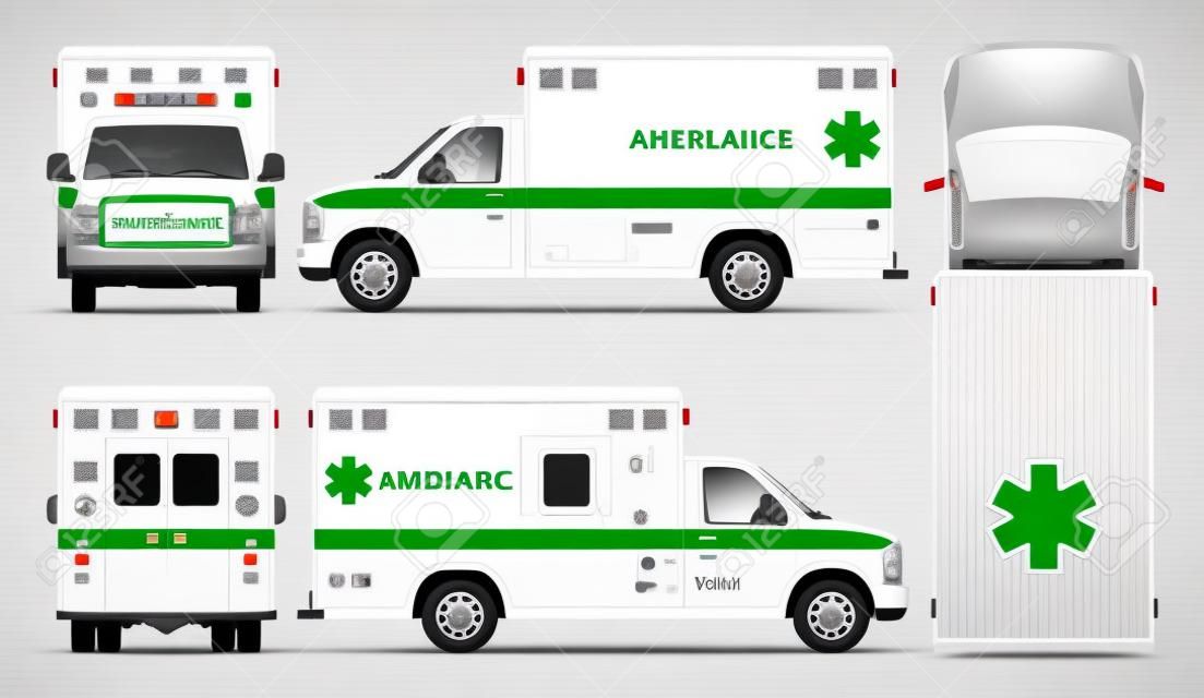 Weißes Krankenwagenauto-Vektormodell. Lokalisierte medizinische Packwagenschablone auf weißem Hintergrund. Alle Ebenen und Gruppen sind gut organisiert, um sie einfach bearbeiten und neu einfärben zu können. Blick von der Seite, von vorne, von hinten und von oben.