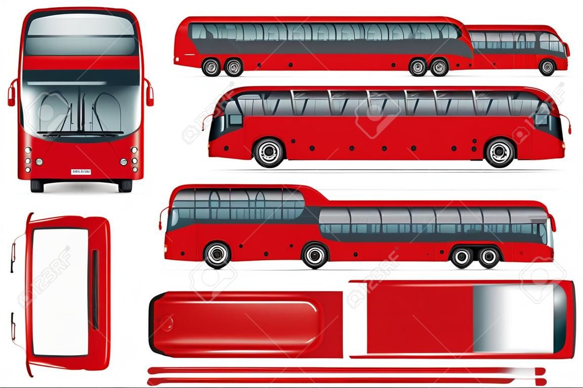 Rotes Busvektormodell für die Werbung, Unternehmensidentität. Isolierte Vorlage weißen Hintergrund. Fahrzeug-Branding-Modell.