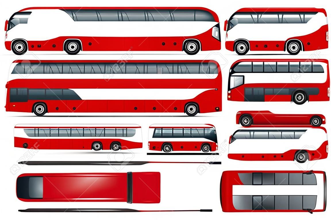 Mock-up vettore bus rosso per pubblicità, identità aziendale. Sfondo bianco modello isolato. Modello di marchio del veicolo.