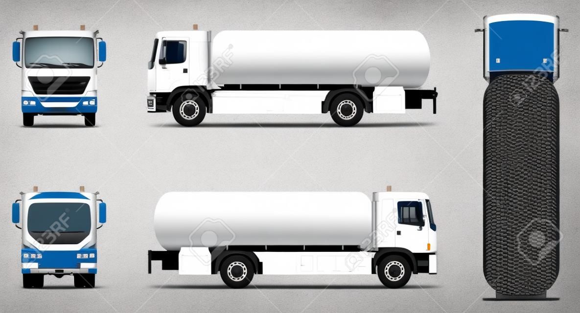 Tank truck vector mock-up. Isolated template of tanker lorry on white. Vehicle branding mockup. Side, front, back, top view. All elements in the groups on separate layers. Easy to edit and recolor.