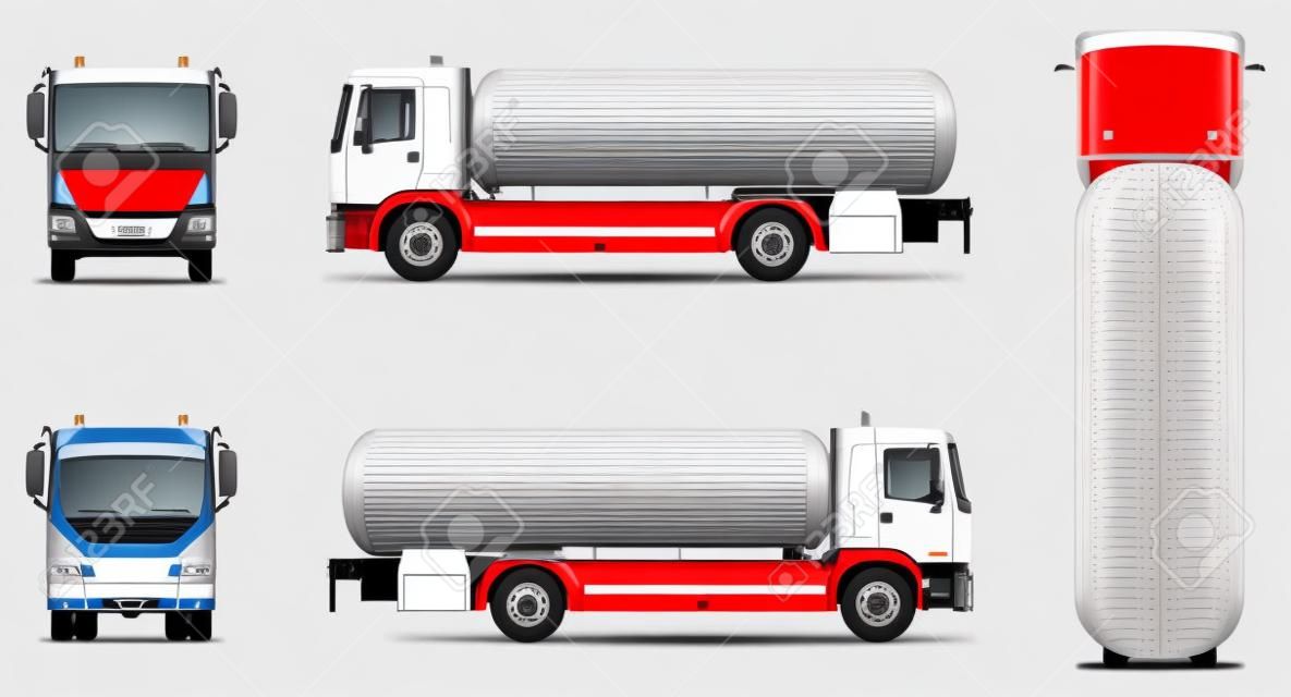 Tankwagen-Vektor-Modell. Getrennte Schablone des Tanklastwagens auf Weiß. Fahrzeug-Branding-Modell. Seitenansicht, Vorderansicht, Rückansicht, Draufsicht. Alle Elemente in den Gruppen auf separaten Ebenen. Leicht zu bearbeiten und neu einzufärben.
