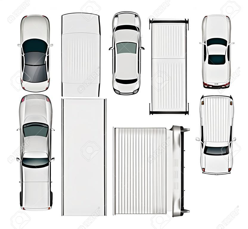 Vector auto's top uitzicht. Geïsoleerde realistische voertuigen op witte achtergrond.