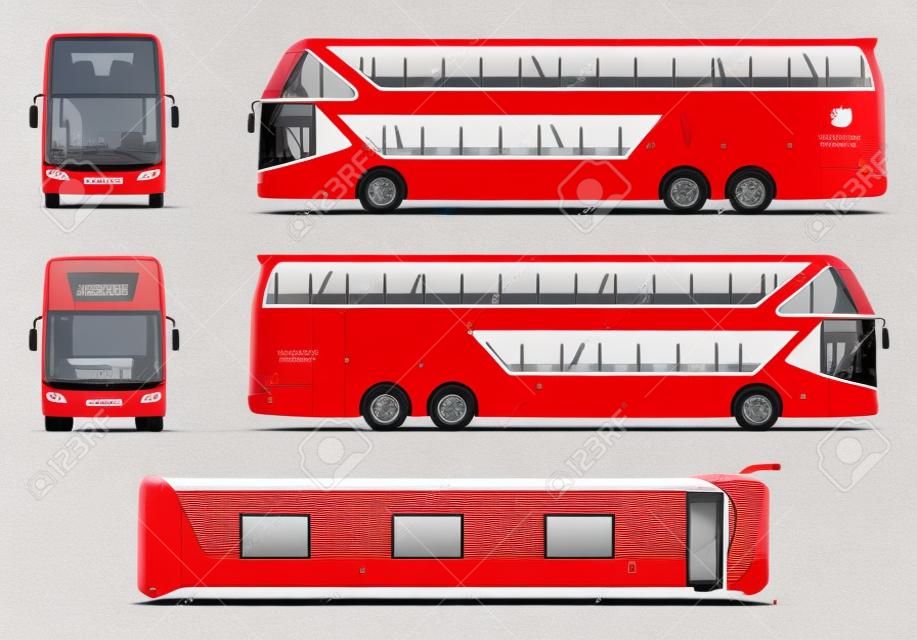 Busvektormodell Lokalisierte Schablone des roten Reisebusses auf Weiß. Fahrzeug-Branding-Modell, Ansicht von der Seite, vorne, hinten und oben.