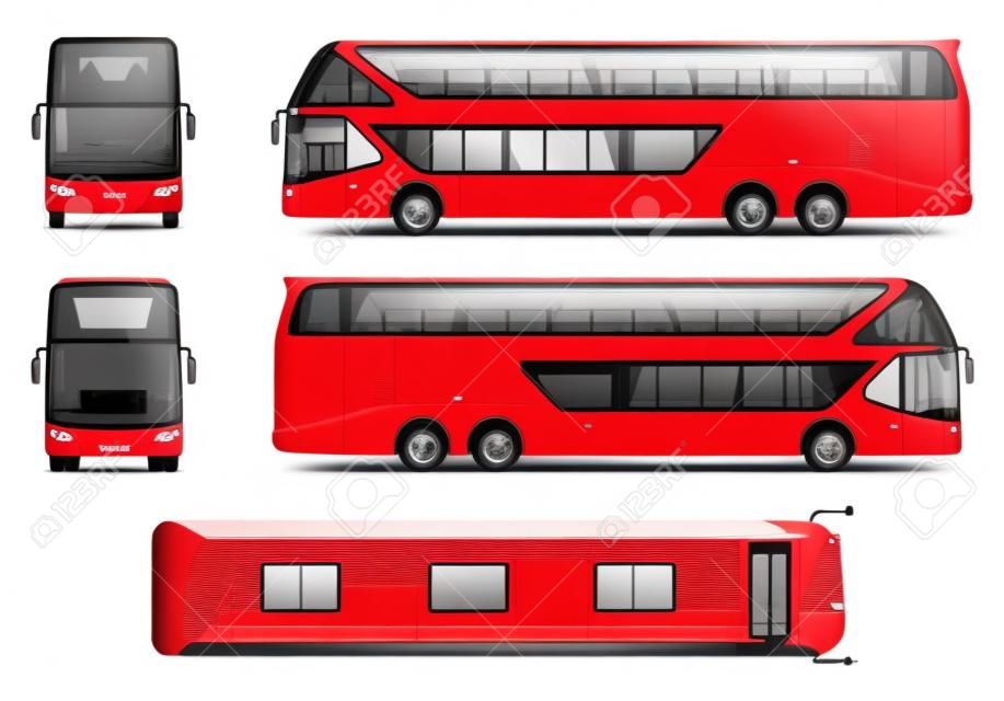 Modello di vettore del bus Modello isolato della vettura rossa di viaggio su bianco. Mockup del marchio del veicolo, vista laterale, anteriore, posteriore e superiore.