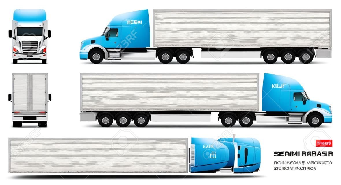 半拖车卡车汽车品牌和广告的矢量样机。在白色背景设置的被隔绝的卡车载货车。从侧面，正面，背面，顶部查看