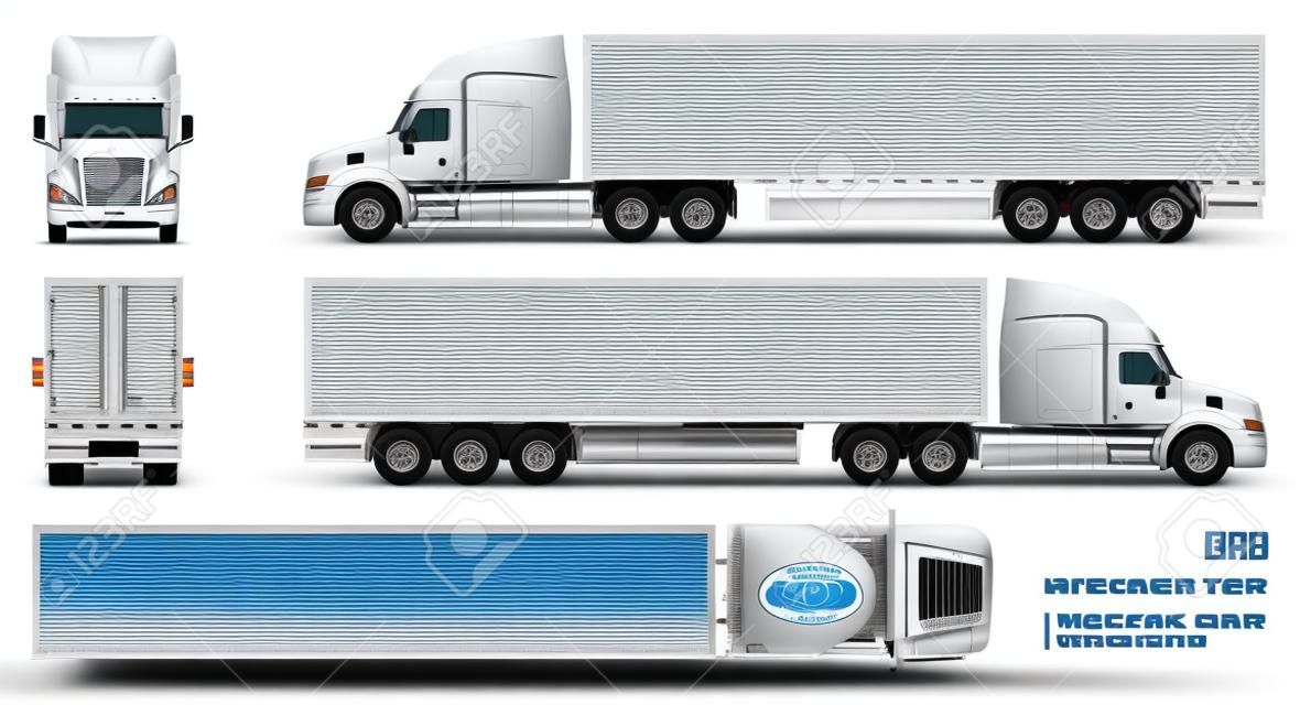 Maqueta de vector de camión semirremolque para marca de automóvil y publicidad. Vehículo de carga de camión aislado en fondo blanco. Vista lateral, frontal, posterior, superior