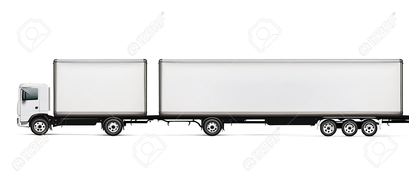 Modelo vetorial de caminhão semi-reboque. Caminhão isolado com reboque no branco para marca de veículo, identidade corporativa. Todos os elementos nos grupos em camadas separadas para fácil edição e recoloração