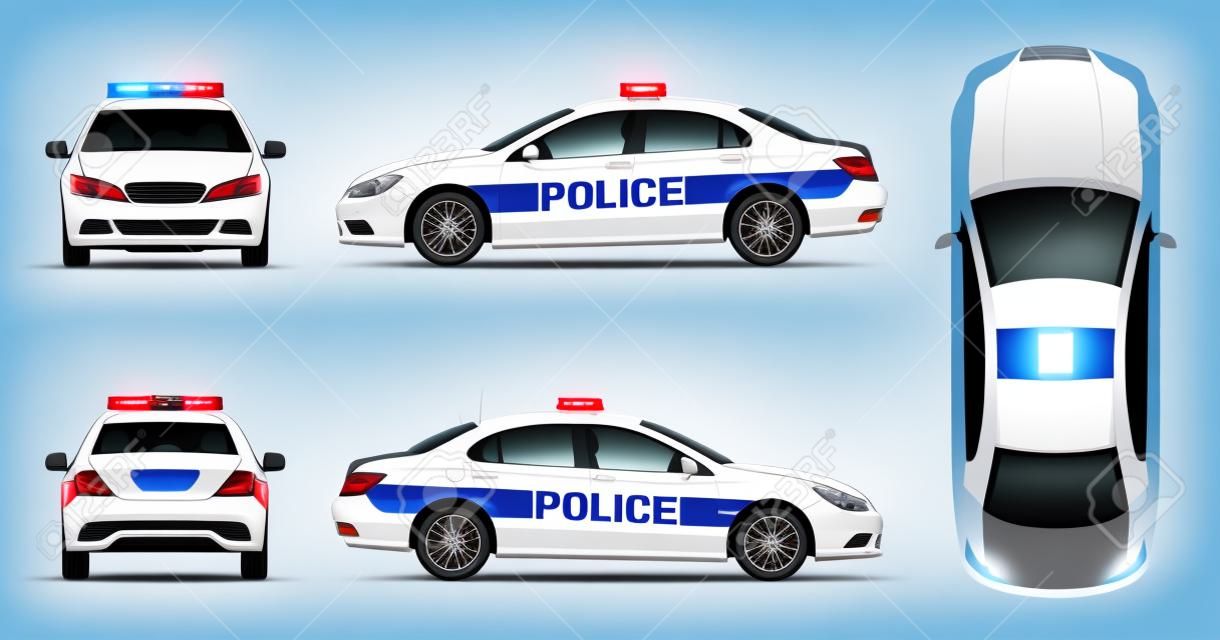 Samochód policyjny wektor makieta na białym tle, widok z boku, przodu, tyłu i góry. Wszystkie elementy w grupach na osobnych warstwach dla łatwej edycji i ponownego koloru