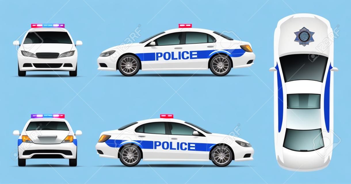Maquette vectorielle de voiture de police sur fond blanc, vue de côté, avant, arrière et haut. Tous les éléments des groupes sur des calques séparés pour une édition et une recoloration faciles