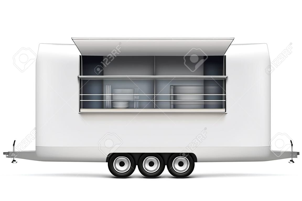 Food truck vector mockup for vehicle branding, advertising, corporate identity. Isolated template of realistic mobile kitchen on white background. All elements in the groups on separate layers