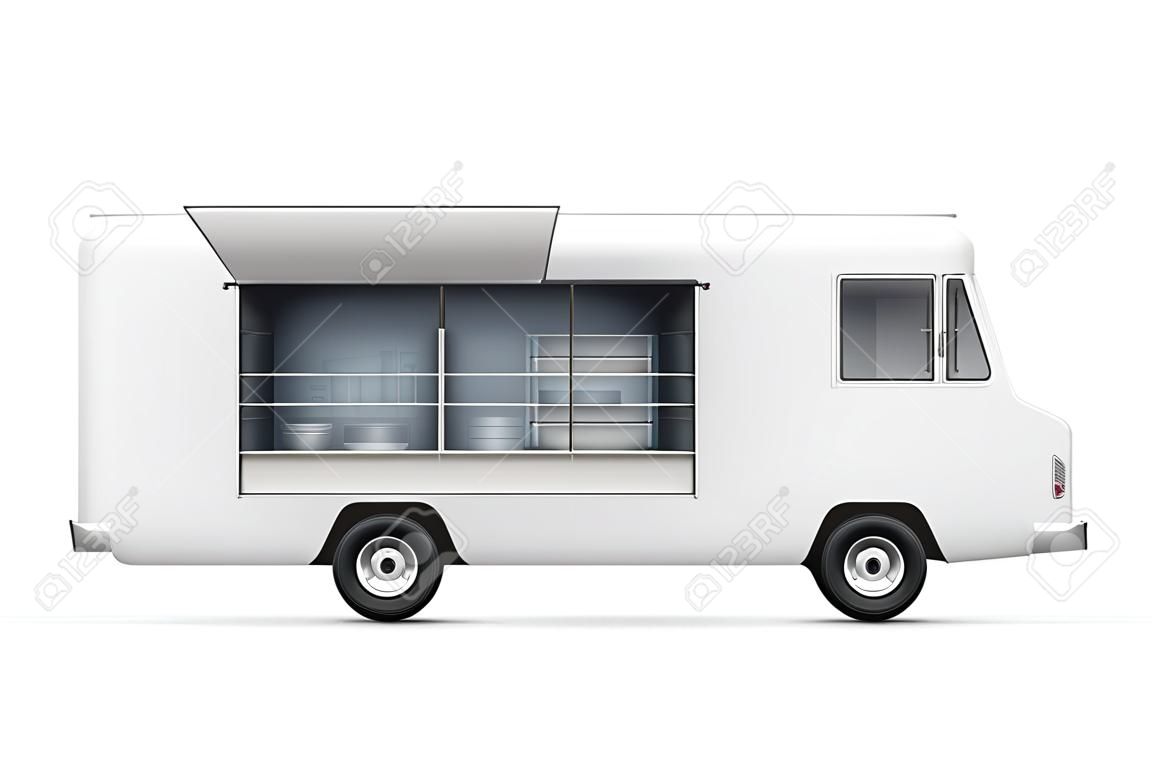 Food truck vector mockup for vehicle branding, advertising, corporate identity. Isolated template of realistic mobile kitchen on white background. All elements in the groups on separate layers