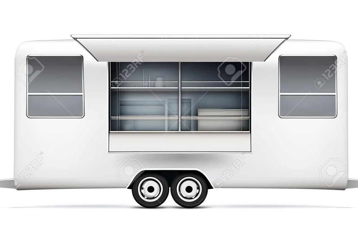 Food Truck-Vektormodell für Fahrzeugbranding, Werbung, Unternehmensidentität. Isolierte Vorlage der realistischen mobilen Küche auf weißem Hintergrund. Alle Elemente in den Gruppen auf separaten Ebenen