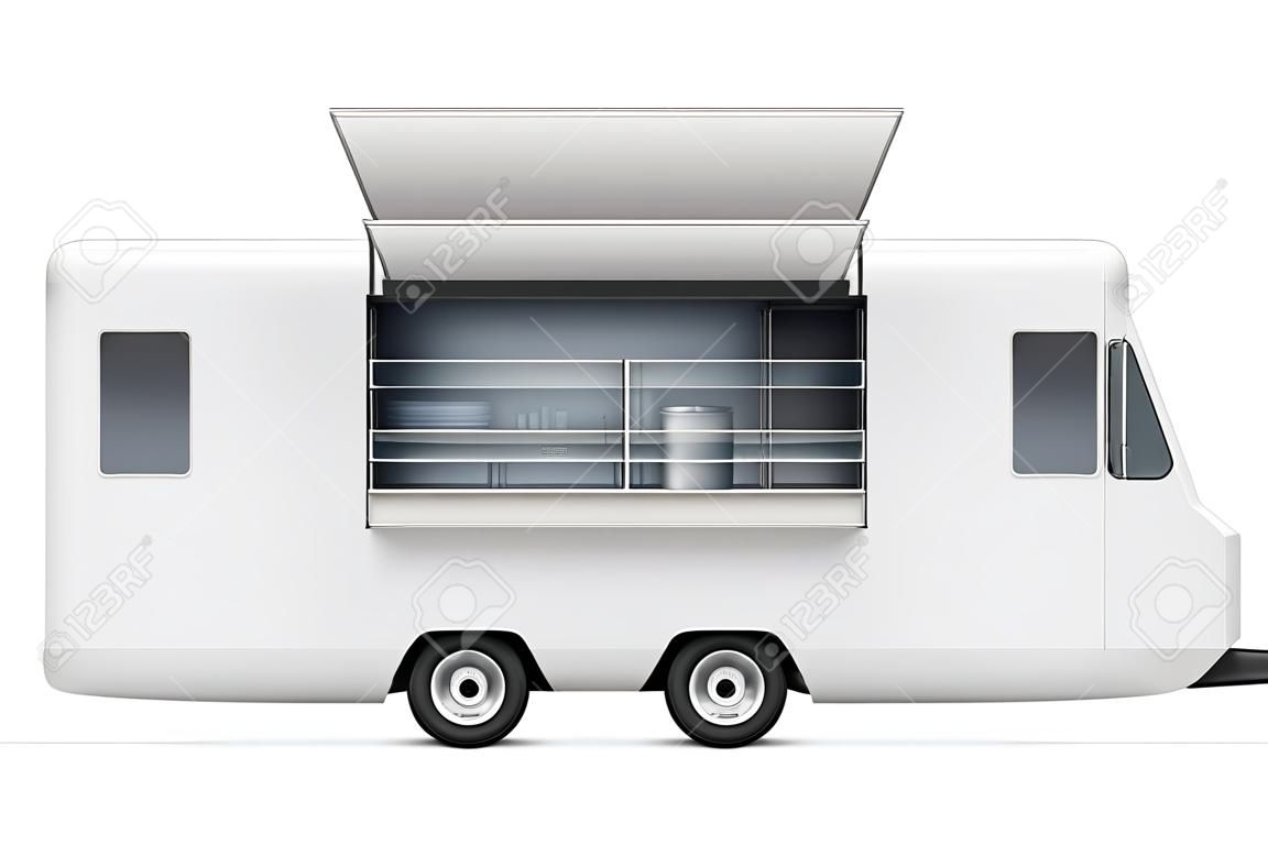 Mockup vettoriale di camion di cibo per il marchio del veicolo, la pubblicità, l'identità aziendale. Modello isolato della cucina mobile realistica su priorità bassa bianca. Tutti gli elementi nei gruppi su livelli separati