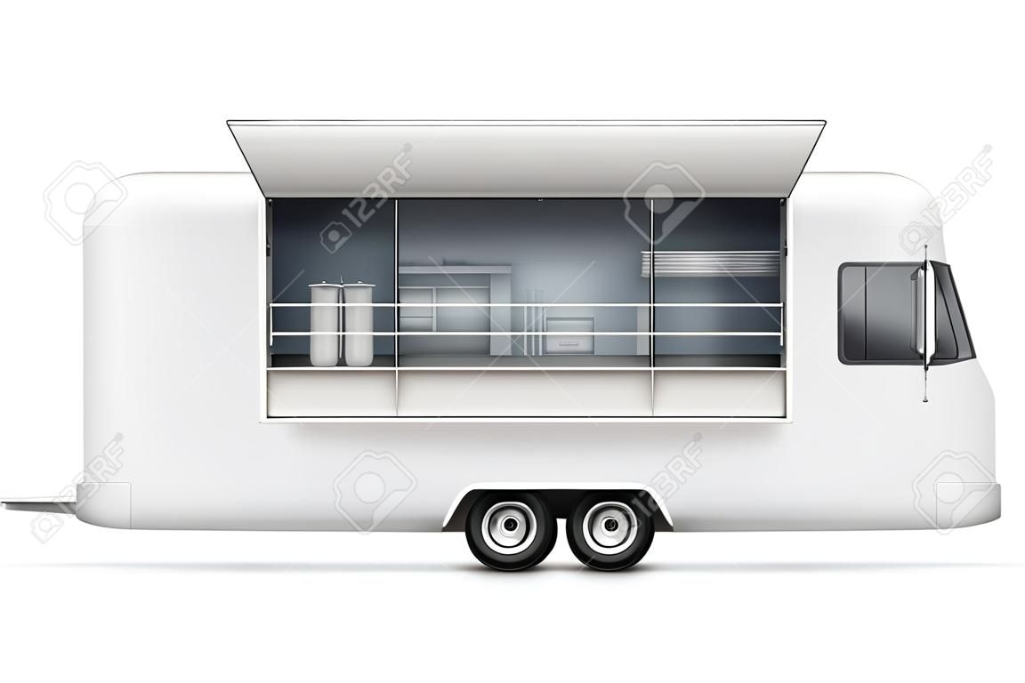 Food Truck-Vektormodell für Fahrzeugbranding, Werbung, Unternehmensidentität. Isolierte Vorlage der realistischen mobilen Küche auf weißem Hintergrund. Alle Elemente in den Gruppen auf separaten Ebenen