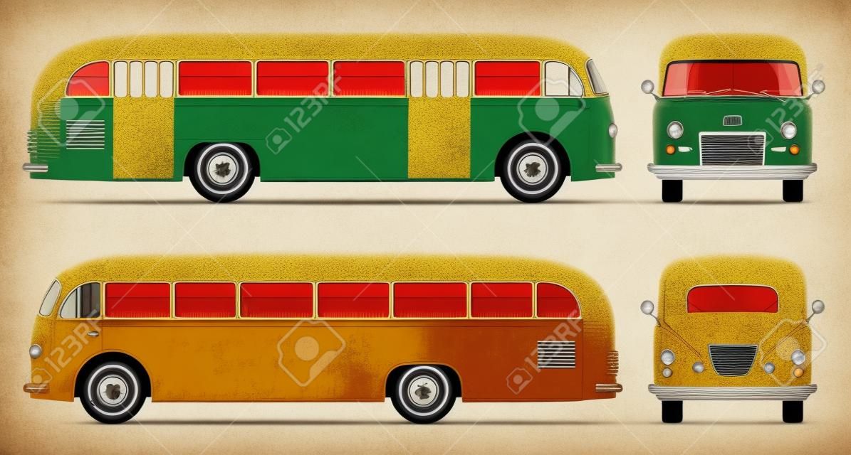 Retro bus vector mockup op witte achtergrondweergave van zijkant, voorkant, achterkant. Alle elementen in de groepen op afzonderlijke lagen voor eenvoudig bewerken en herkleuren