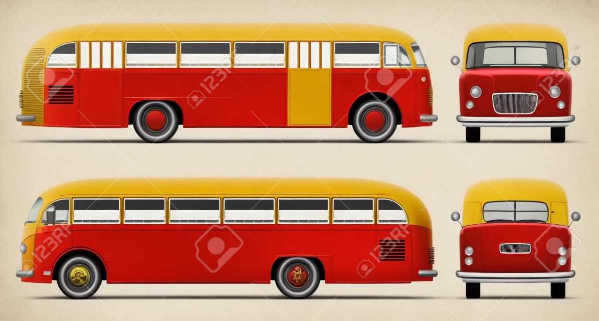 Mockup retro do vetor do ônibus na vista de fundo branca de lado, de frente, de trás. Todos os elementos nos grupos em camadas separadas para fácil edição e recolorir