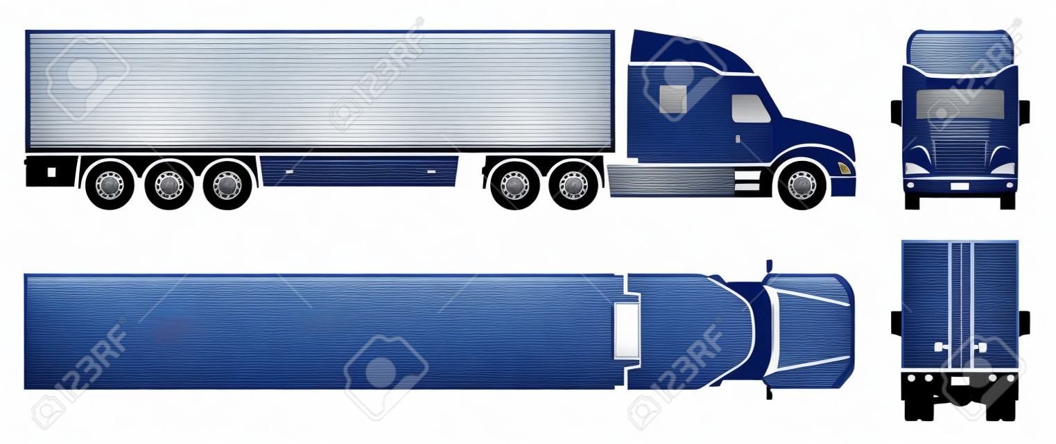 Silhueta do caminhão semi-reboque no fundo branco. Vista do conjunto dos ícones do veículo de lado, frente, parte traseira e parte superior