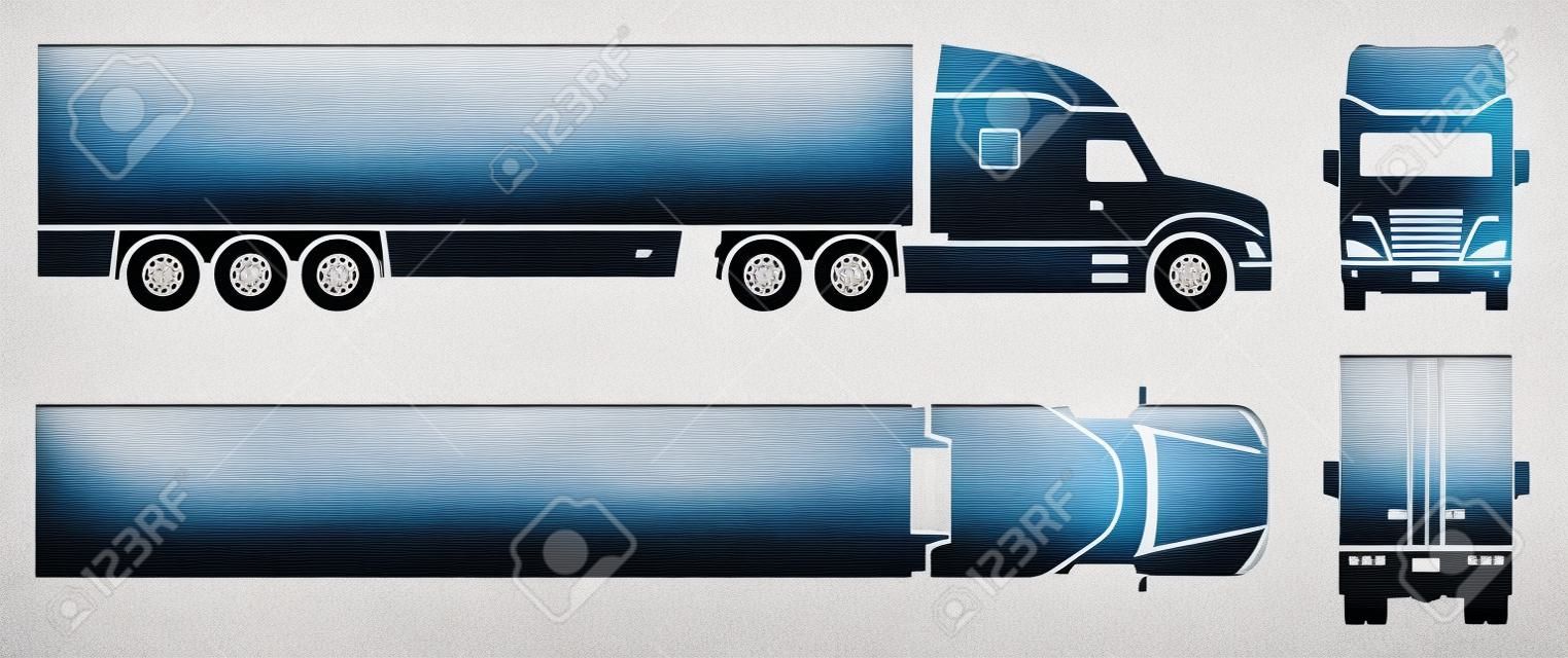 Silueta de camión semi remolque sobre fondo blanco. Los iconos del vehículo establecen la vista lateral, frontal, posterior y superior