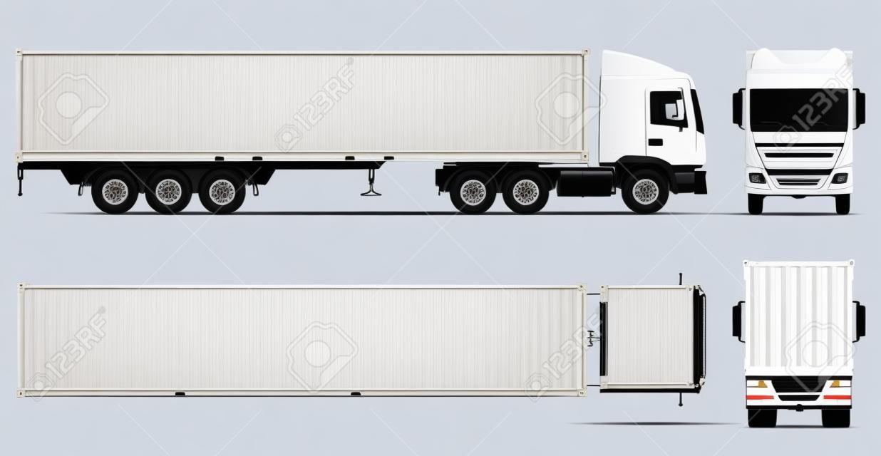 Container-LKW-Vektormodell auf Weiß für Fahrzeugbranding, Corporate Identity. Ansicht von der Seite, vorne, hinten und oben. Alle Elemente in den Gruppen auf separaten Ebenen zum einfachen Bearbeiten und Umfärben