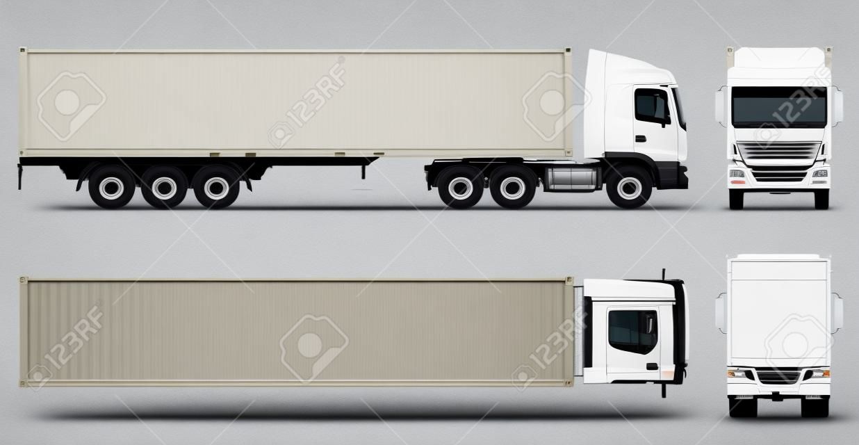 Container truck vector mockup op wit voor voertuig branding, corporate identity. Uitzicht van zijkant, voorkant, rug en bovenkant. Alle elementen in de groepen op aparte lagen voor gemakkelijk bewerken en kleur te herstellen