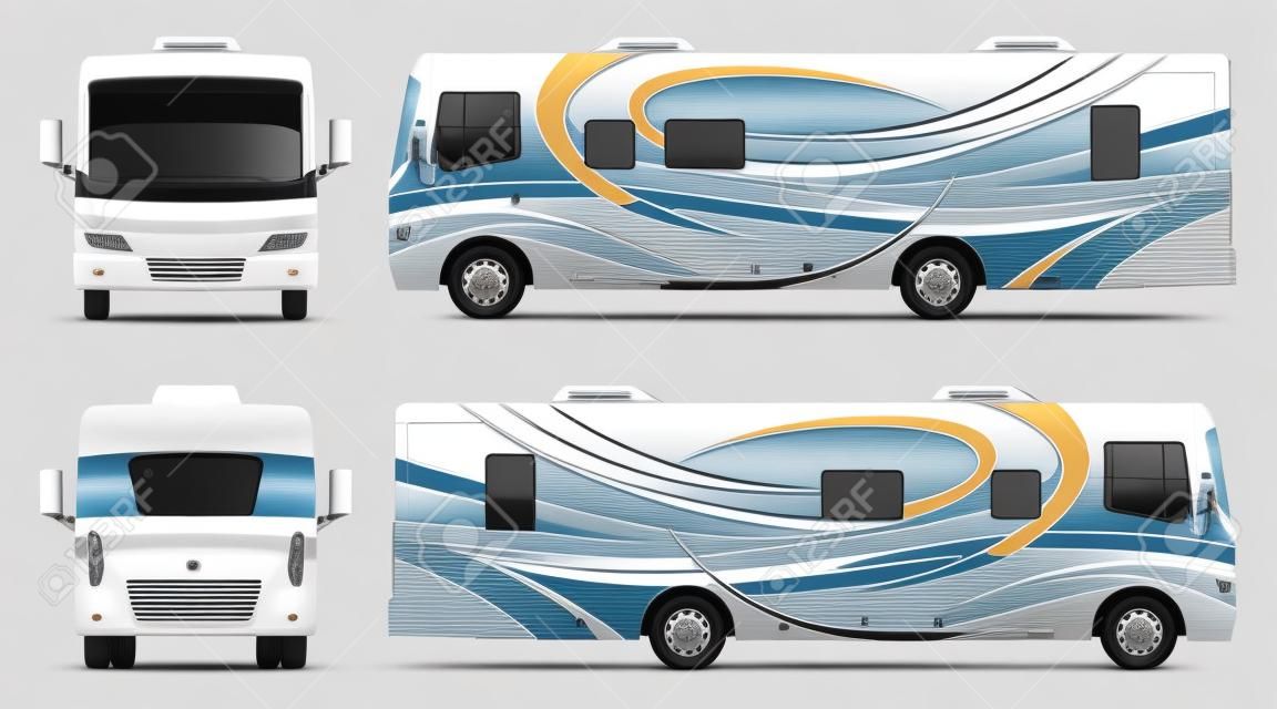 Maquette vectorielle d'emballage de camping-car RV sur blanc pour la marque du véhicule, l'identité d'entreprise. Vue de côté, de face, de dos et de dessus. Tous les éléments des groupes sur des calques séparés pour faciliter l'édition et la recoloration.