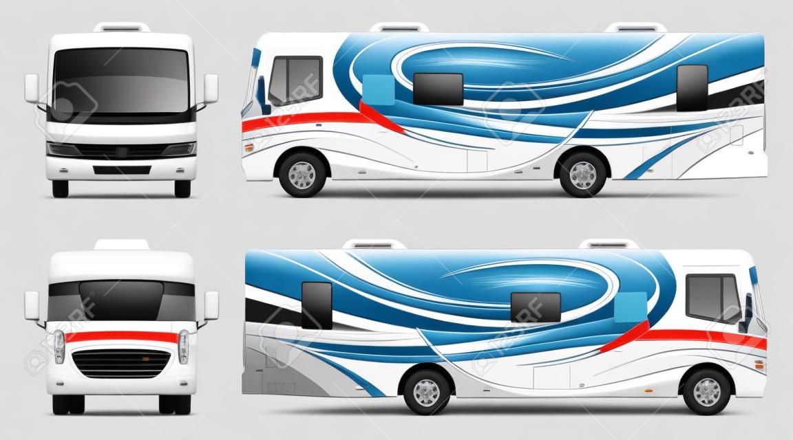 Maquette vectorielle d'emballage de camping-car RV sur blanc pour la marque du véhicule, l'identité d'entreprise. Vue de côté, de face, de dos et de dessus. Tous les éléments des groupes sur des calques séparés pour faciliter l'édition et la recoloration.