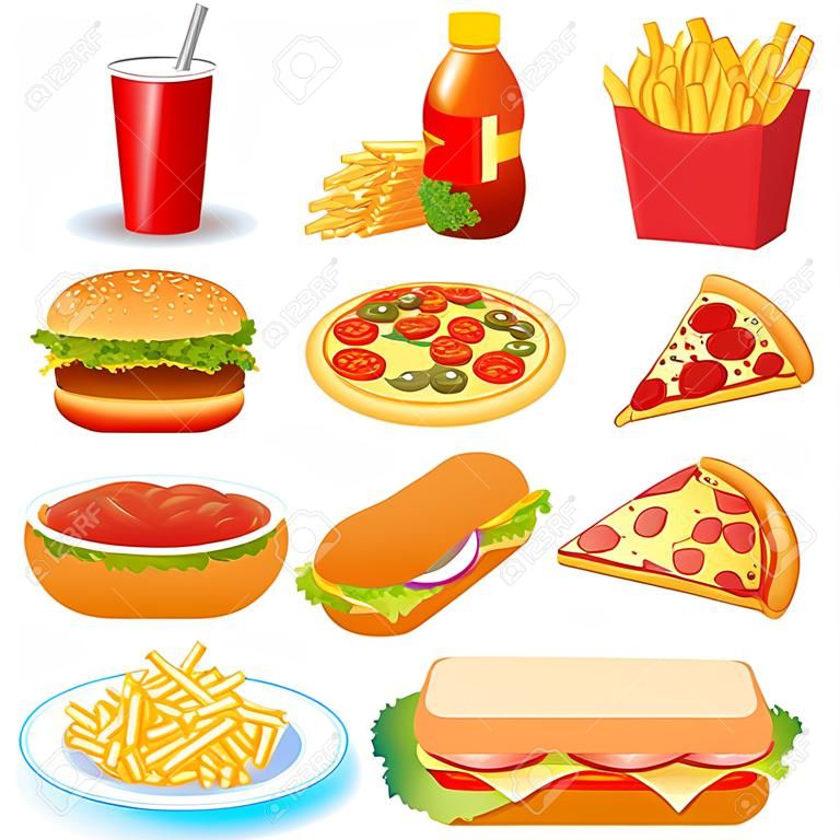 illustrazione di una serie di fast food e ketchup pitsey
