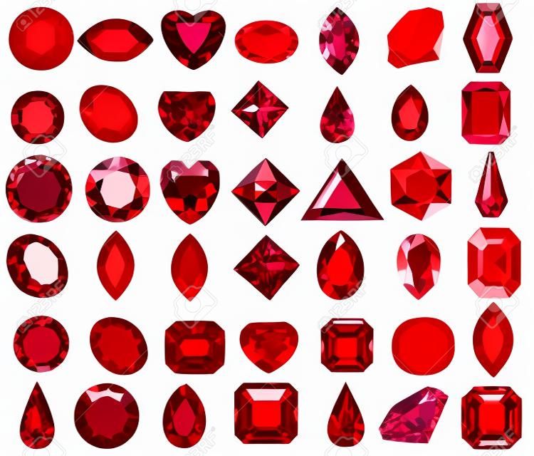 Conjunto de ilustração de gemas vermelhas de diferentes cortes e formas