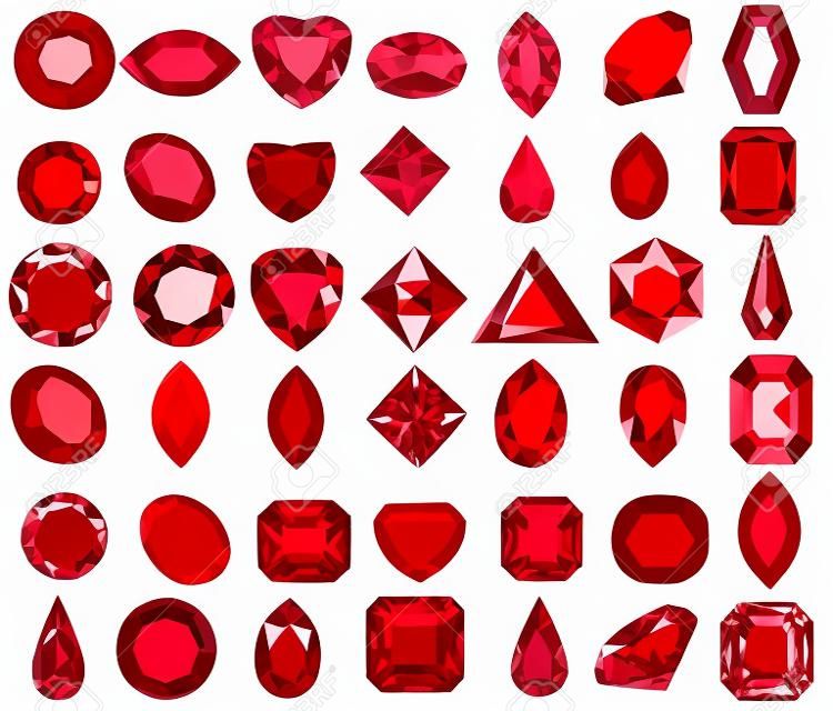Conjunto de ilustraciones de gemas rojas de diferentes cortes y formas.