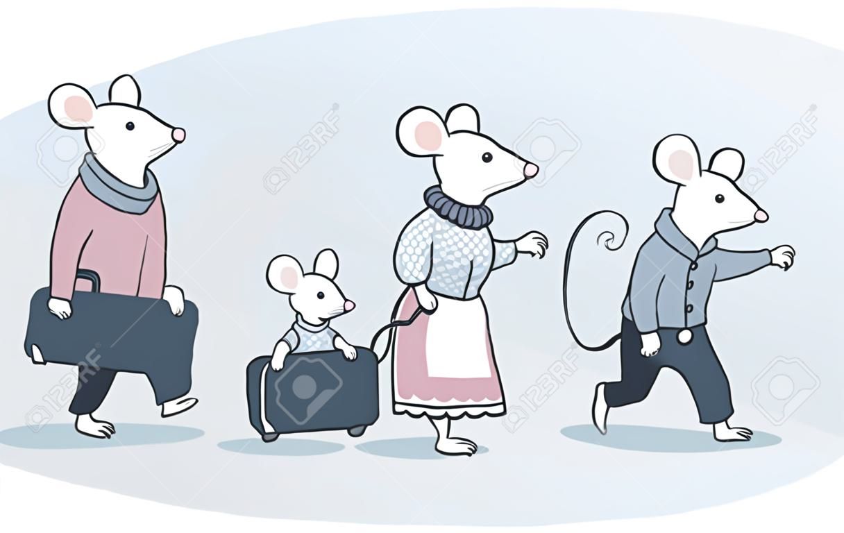 Caricatura de una familia ratones blancos mudarse