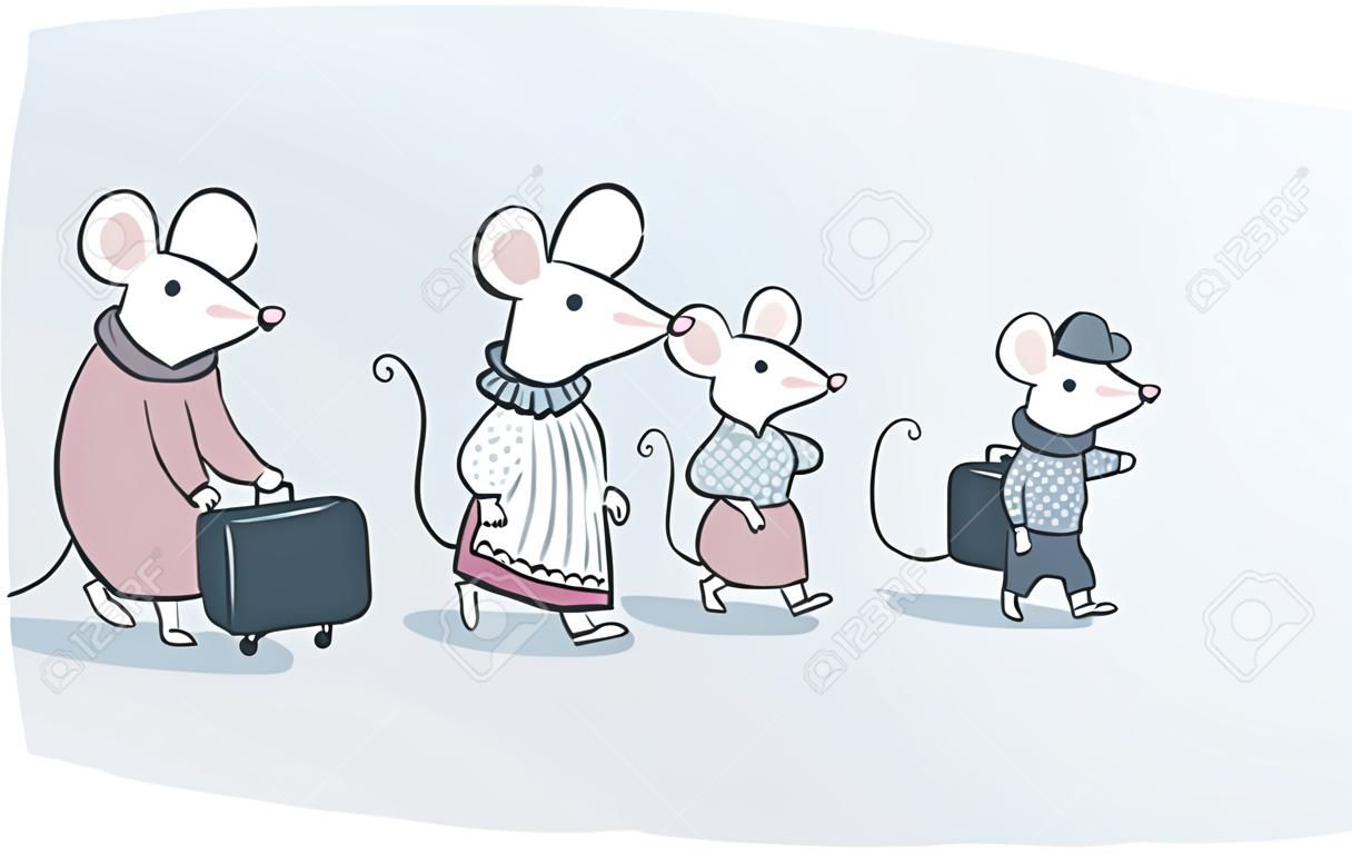 Caricatura de una familia ratones blancos mudarse