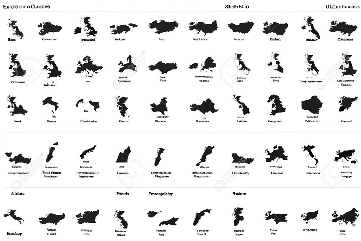 Cartes de contour des pays européens. Tous les pays d'Europe. Illustration vectorielle isolée.