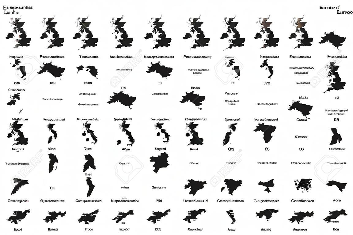 Mapy konturowe krajów europejskich. Wszystkie kraje Europy. Ilustracja na białym tle wektor.