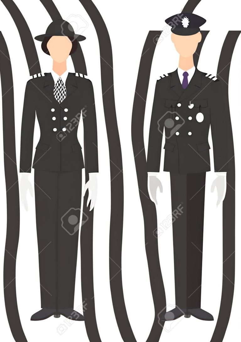 Couple de policier britannique et policière en uniformes traditionnels rassemblés sur fond blanc dans un style plat.