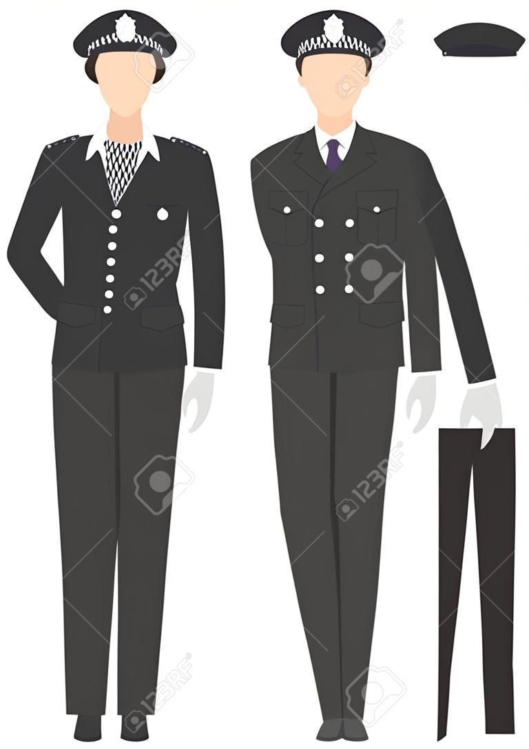 Casal de polícia britânico e policial em uniformes tradicionais em pé juntos no fundo branco em estilo plano.