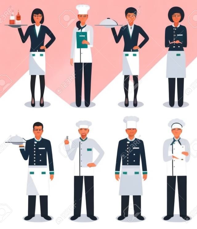 Restaurant team concept. Group of people characters: head chef, cooks, sommelier and waitress in different uniform and positions in flat style isolated on white background. Vector illustration.