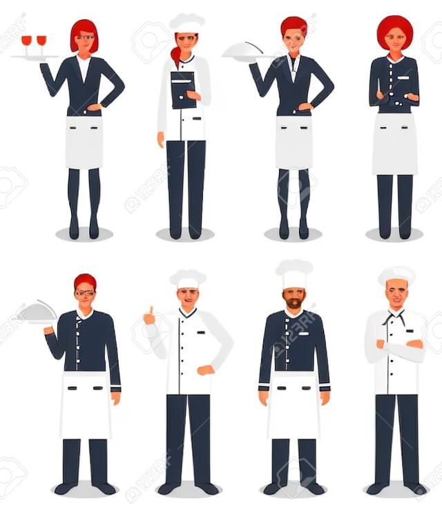 Restaurant team concept. Group of people characters: head chef, cooks, sommelier and waitress in different uniform and positions in flat style isolated on white background. Vector illustration.