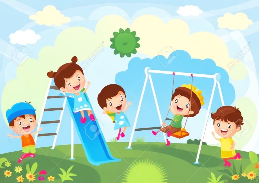 Ilustracja wektorowa dzieci bawiące się w zestawie slajdów i huśtawka