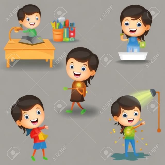 Ilustracja wektorowa codziennych rutynowych czynności dla dzieci