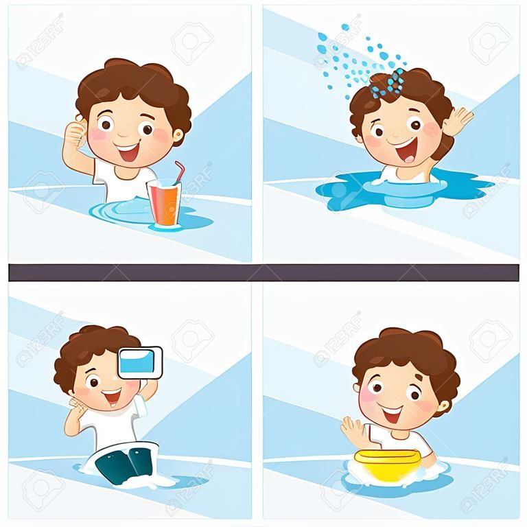 Vector Illustration Of Kid Bathing, Brushing Teeth, Washing Hands After Toilet