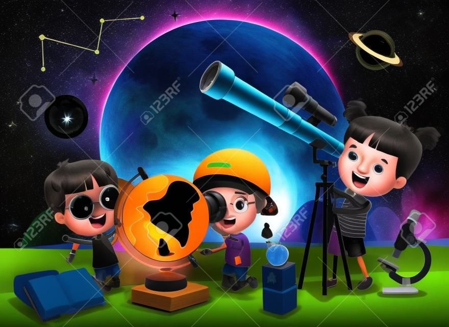 Enfant utilisant le télescope pour la recherche astronomique
