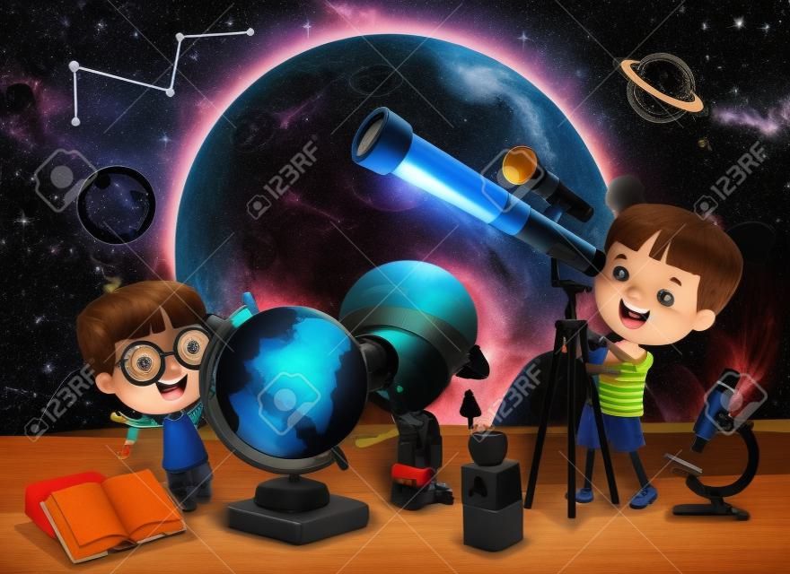 Dziecko używające teleskopu do badań astronomicznych