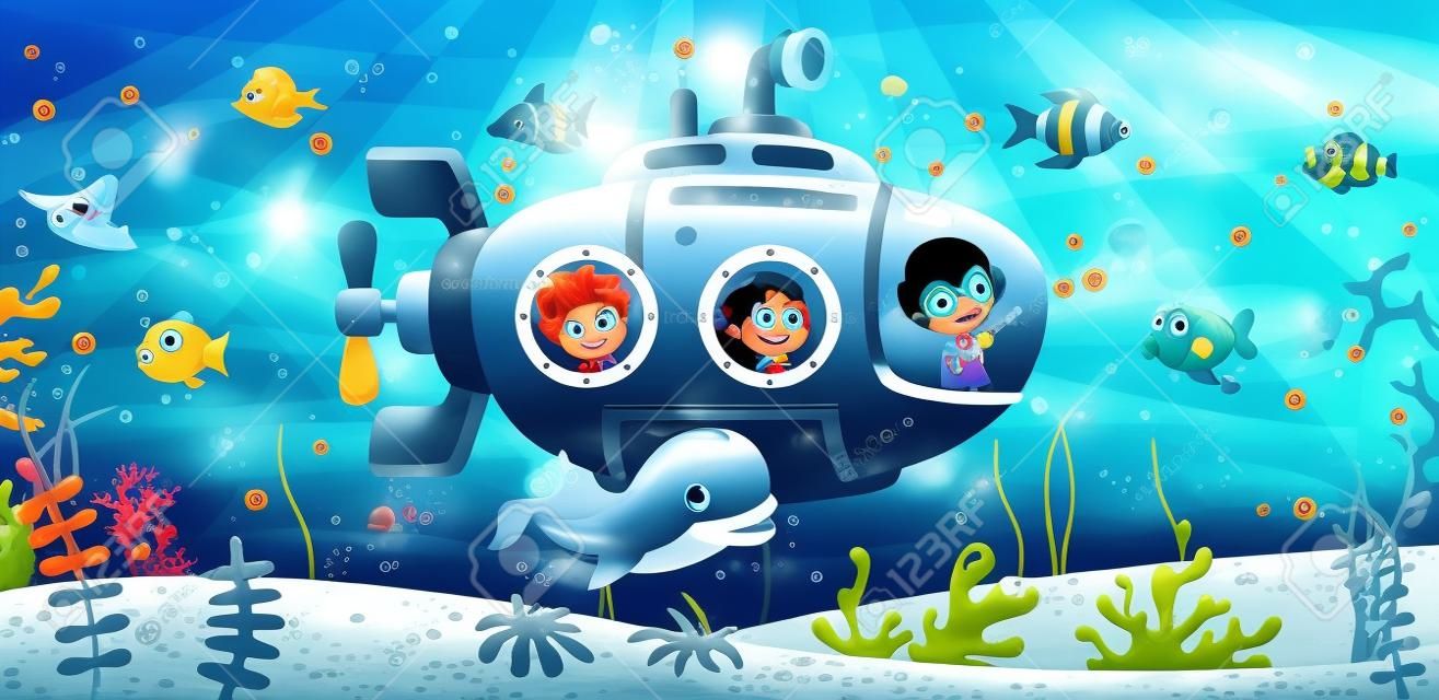 Submarino de dibujos animados bajo el mar