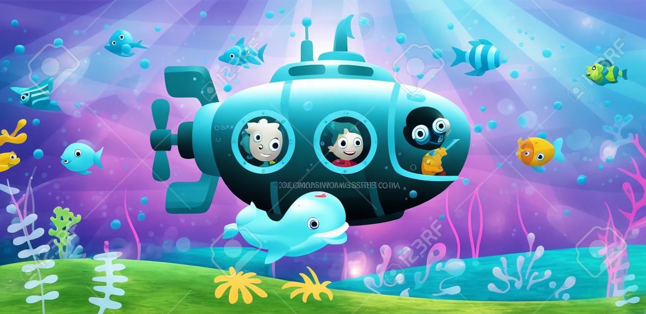 Submarino de dibujos animados bajo el mar