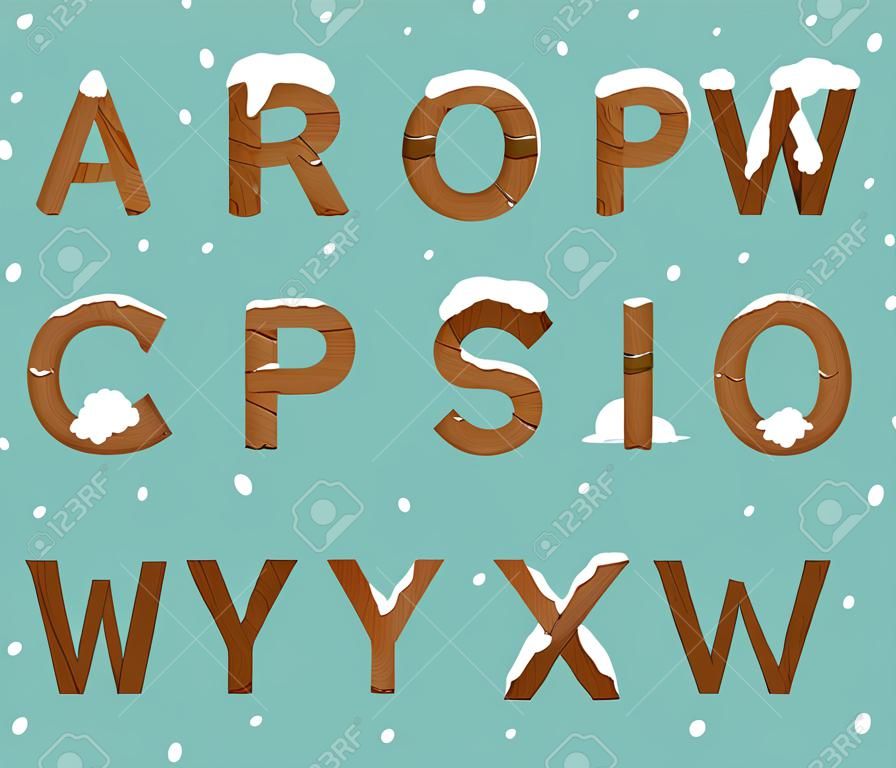 Snow and wood alphabet. Vector and illustration.