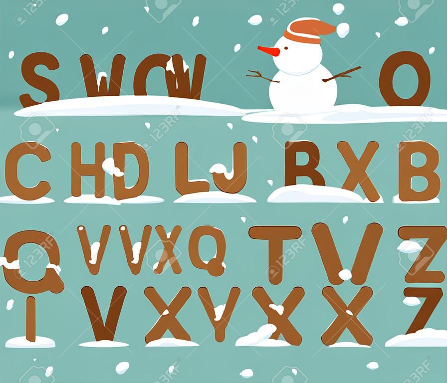 Snow and wood alphabet. Vector and illustration.