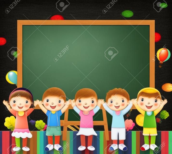 Cute five children and blackboard 