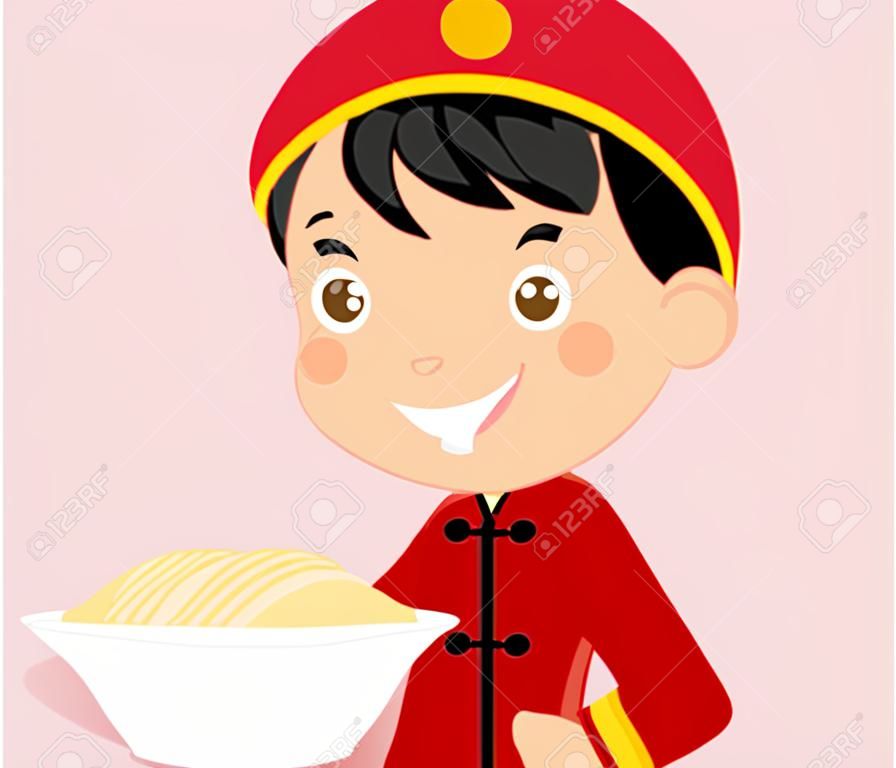 a boy and noodles