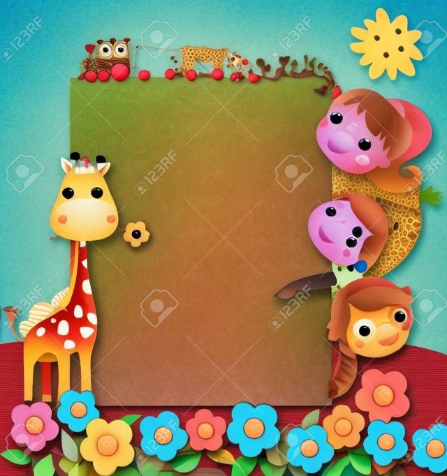 Color frame with group of kids and giraffe, background.